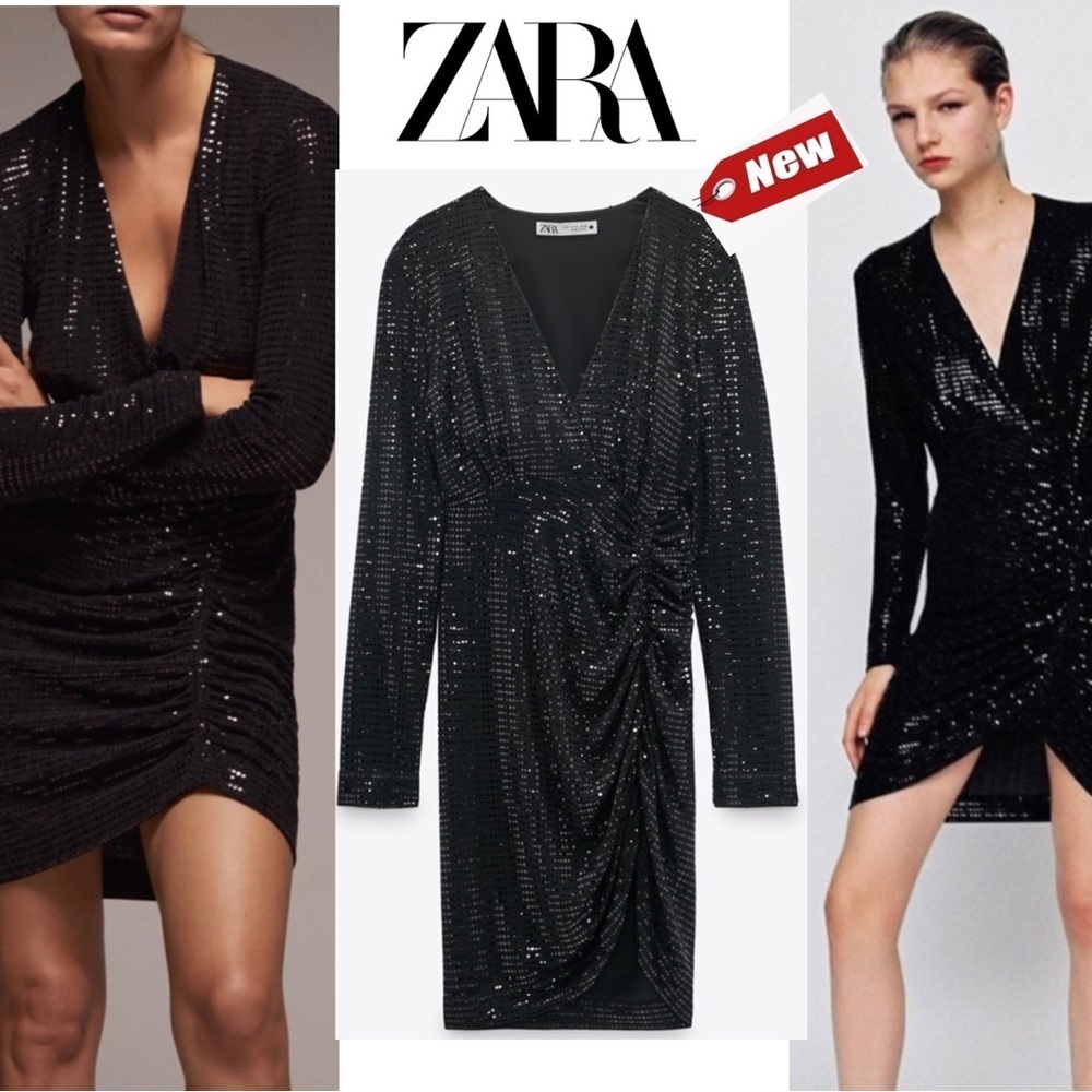 Zara black sequin long sleeve V-neck ruched mini dress sparkly Sz XS NWT